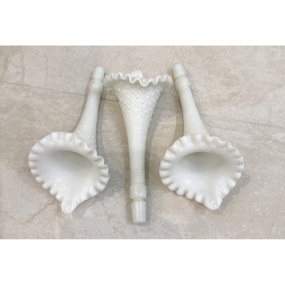 3- Fenton Ruffled Diamond Lace Epergne Horns White Vintage Milk Glass